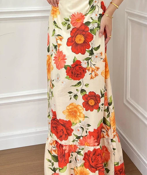 Women High Waist Long Floral Print V Neck Spaghetti Strap Lace Up Dress Sexy Waist Hollow Out Maxi Dress