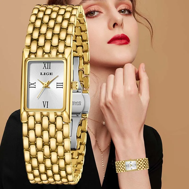 LIGE 2025 ساعة نسائية عصرية أنيقة سوار فولاذي غير قابل للصدأ ساعة السيدات الفاخرة مقاوم للماء ساعة للنساء Relogio Feminino + BOX