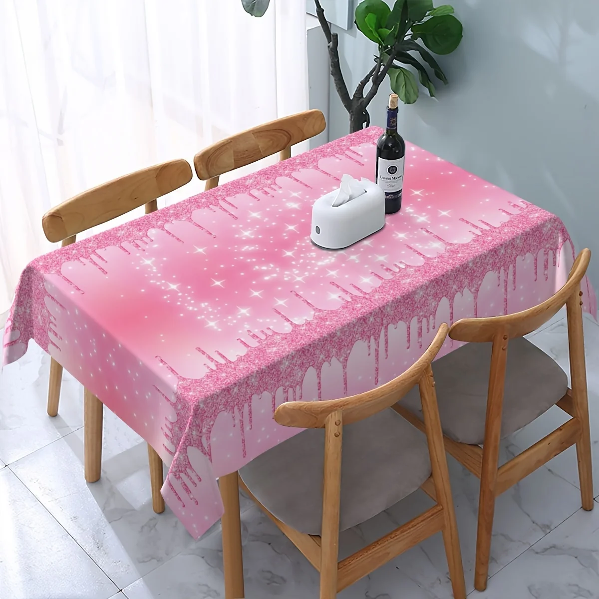One shiny star-gradient rectangular tablecloth for the kitchen and dining area, in pink champagne color.