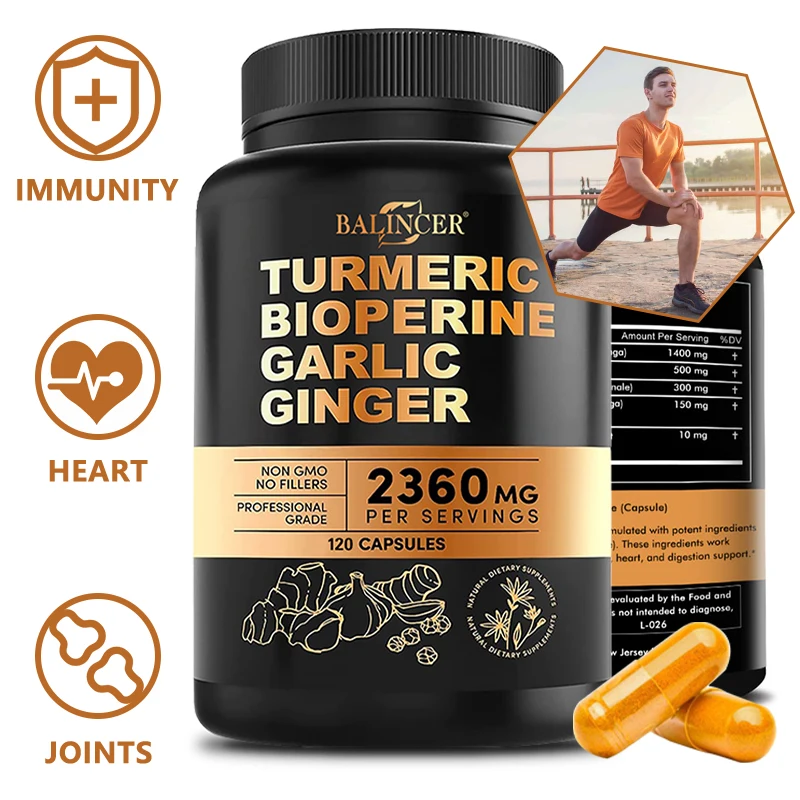 Turmeric Alkaloids Garlic Ginger Capsules - for Muscles Joints Antioxidant Immunity Heart Brain Skin Digestion Supplement