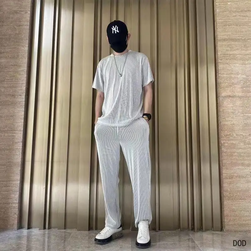 2024 Spring And Summer New Thin Suit Male Korean Version Trend Loose Silky Casual Hanging Louver Strip Elastic Breathable Suit