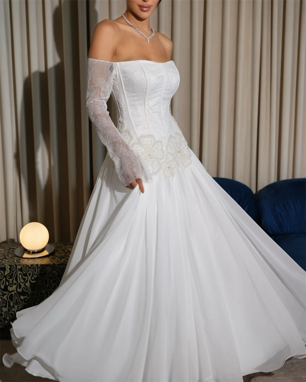 

Простое белое шифоновое вечернее платье по индивидуальному заказу, торжественное платье с вырезом лодочкой и вырезом «лодочка», платья знаменитостей, мягкое платье трапециевидной формы с аппликацией для встречи выпускников