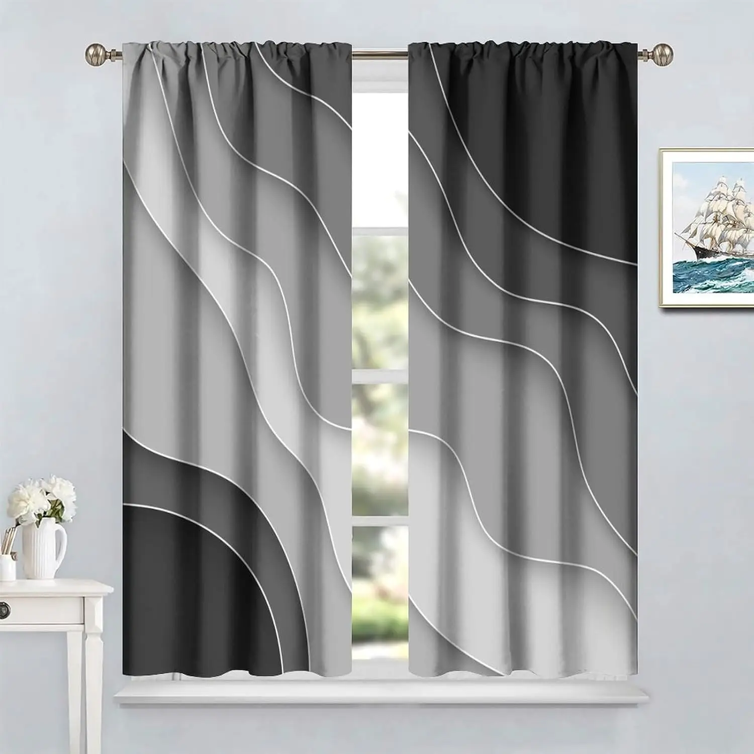 Black Grey Abstract Ombre Curtains Kids Boys Girls Teens Bedroom Decor Modern Aesthetic Geometric Printed Rod Pocket Blackout
