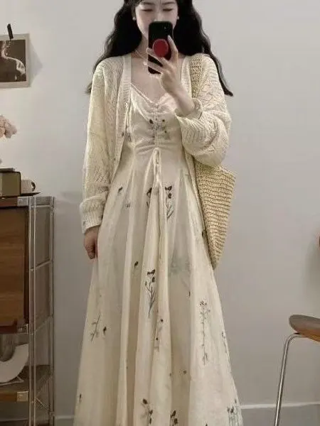 

plus Size Floral Print Maxi Dress And Knitted Cardigan Set Long Sleeve V Neck Spring Fashion Ensemble for Young Women