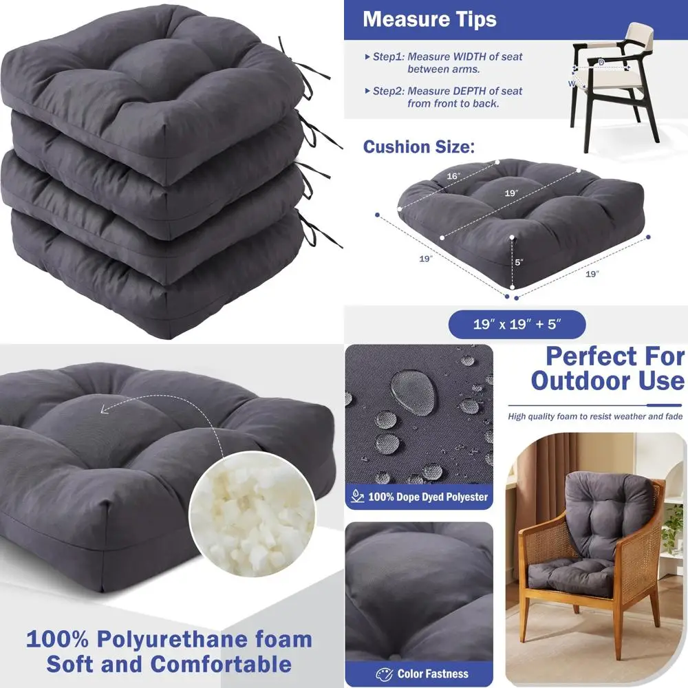 

Set of 4 Outdoor Patio Chair Cushions with Ties, 19x19+5” Tufted Waterproof Seat Cushions for Patio Furniture