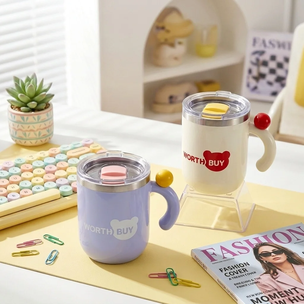 430ml Cute Thermal Coffee Mug with Handle 316 Stainless Steel Insulated Travel Tumbler Leakproof Double Drink Lid Kawaii Cup
