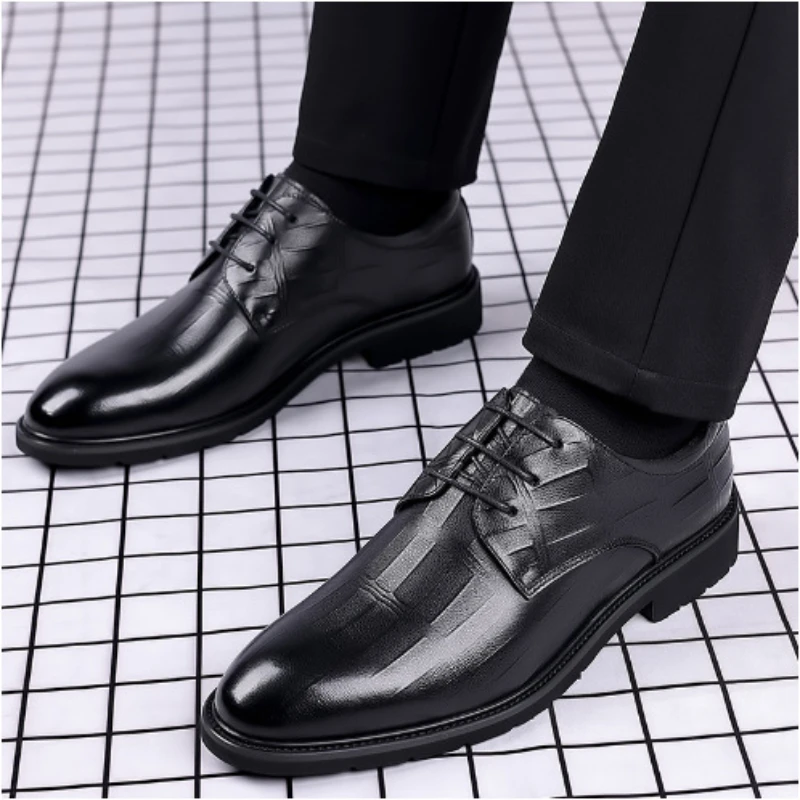 

Oxford Shoes Pointed Toe Lace Up Design Embossed Grid Pattern Low Heel Comfortable Non Slip Breathable Business Office Wedding