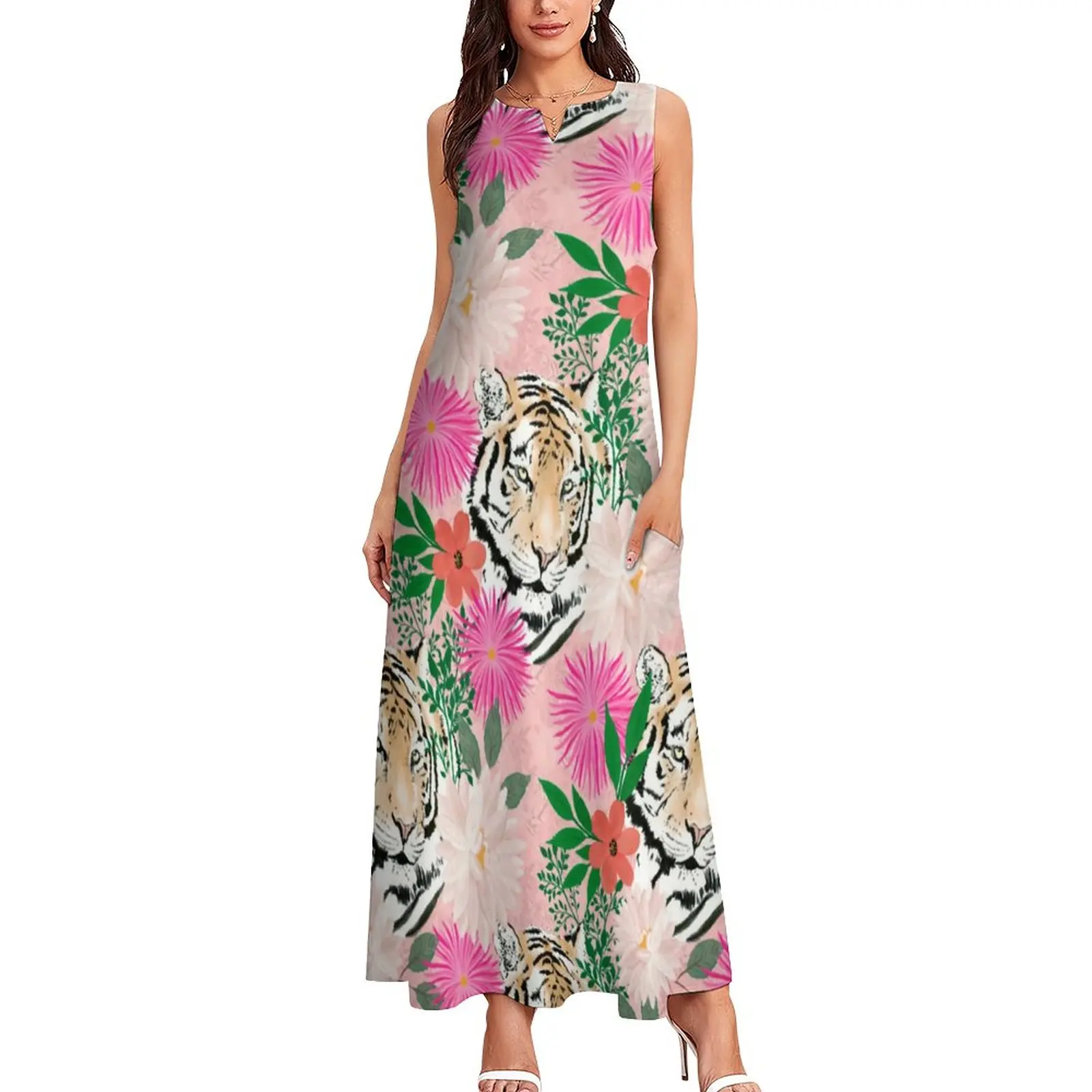 Tiger Animal Print Jurk Aquarel Bloemen Nachtclub Maxi Jurk Street Style Boho Strand Lange Jurken Zomer V-hals Vestidos