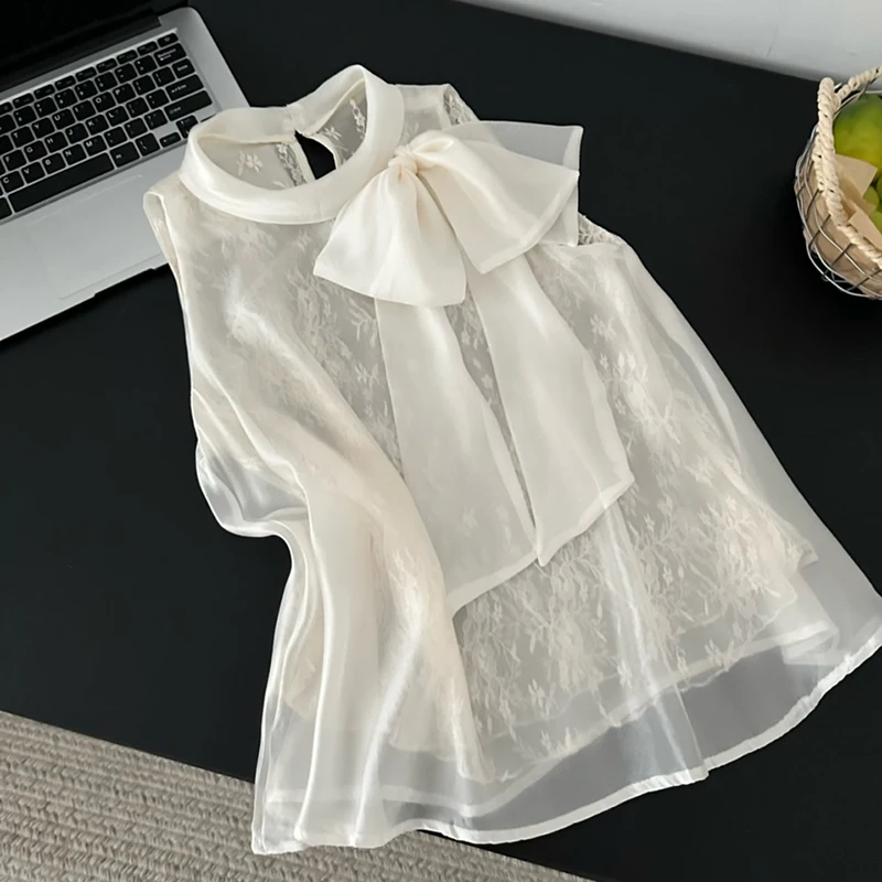 

Bow Tie Up Shirt Women Summer Sexy Loose Sleeveless Vest Tops French Elegant Harajuku Lace Patchwork O Neck Chiffon Blouse New