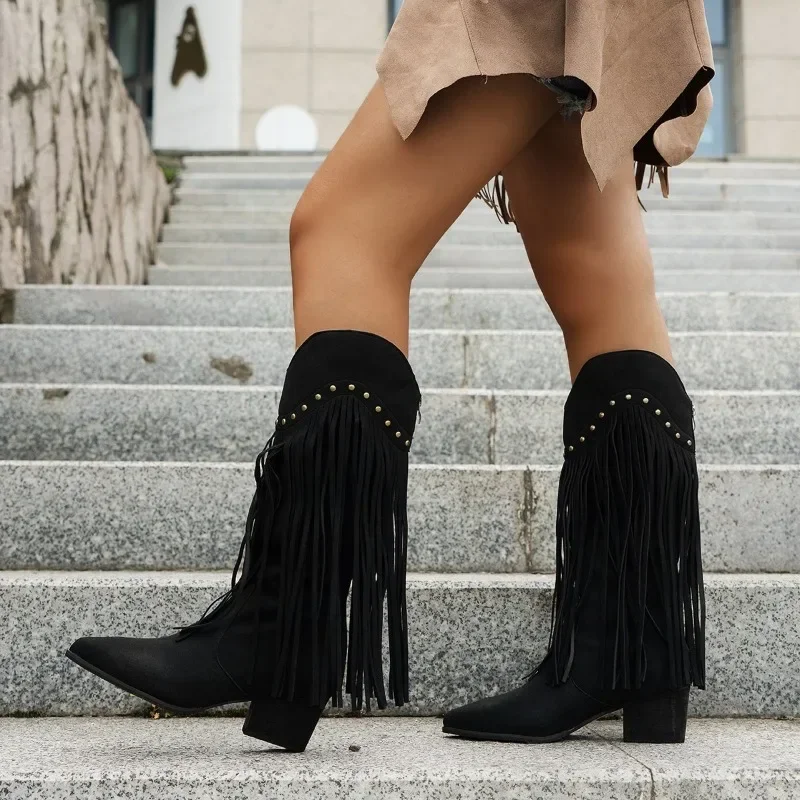 Shoes Female Rand Knee-High Women's Boots Pointed Toe Modern Boots Women Rivet Fringe Back Zip Med Heel Plus Size Shoes Women