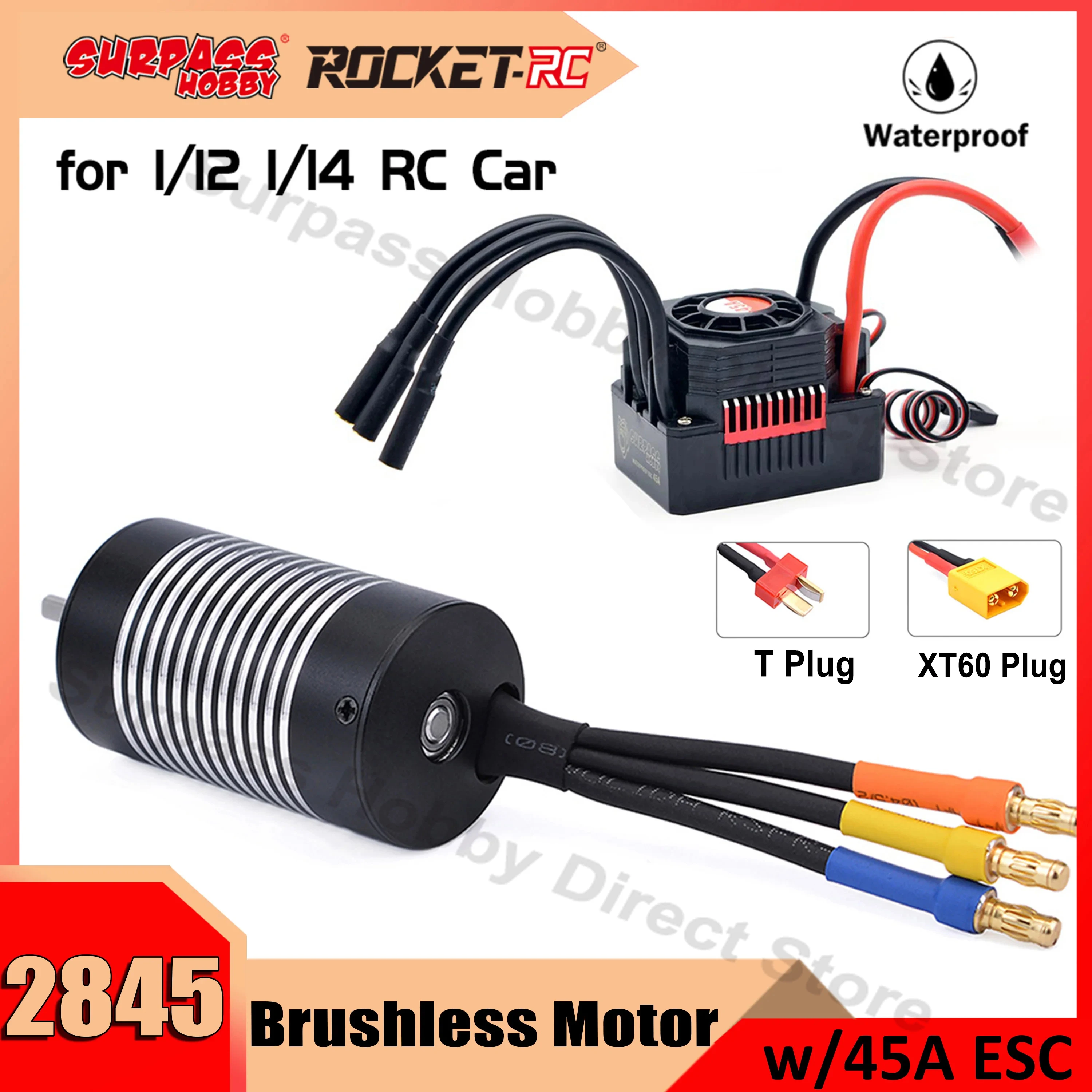 

Rocket 2845 Waterproof Brushless Motor w/45A ESC Combo for 1/12 1/14 RC Car Wltoys 144001 12428 Traxxas HSP Robot Dron