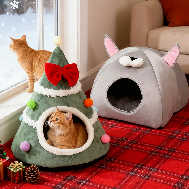 

Christmas Tree Cat Bed-Plush Warm Indoor Cat House Tent with Removable Pillow, Decorative Pet Furniture,Dog Bed for Small Dog