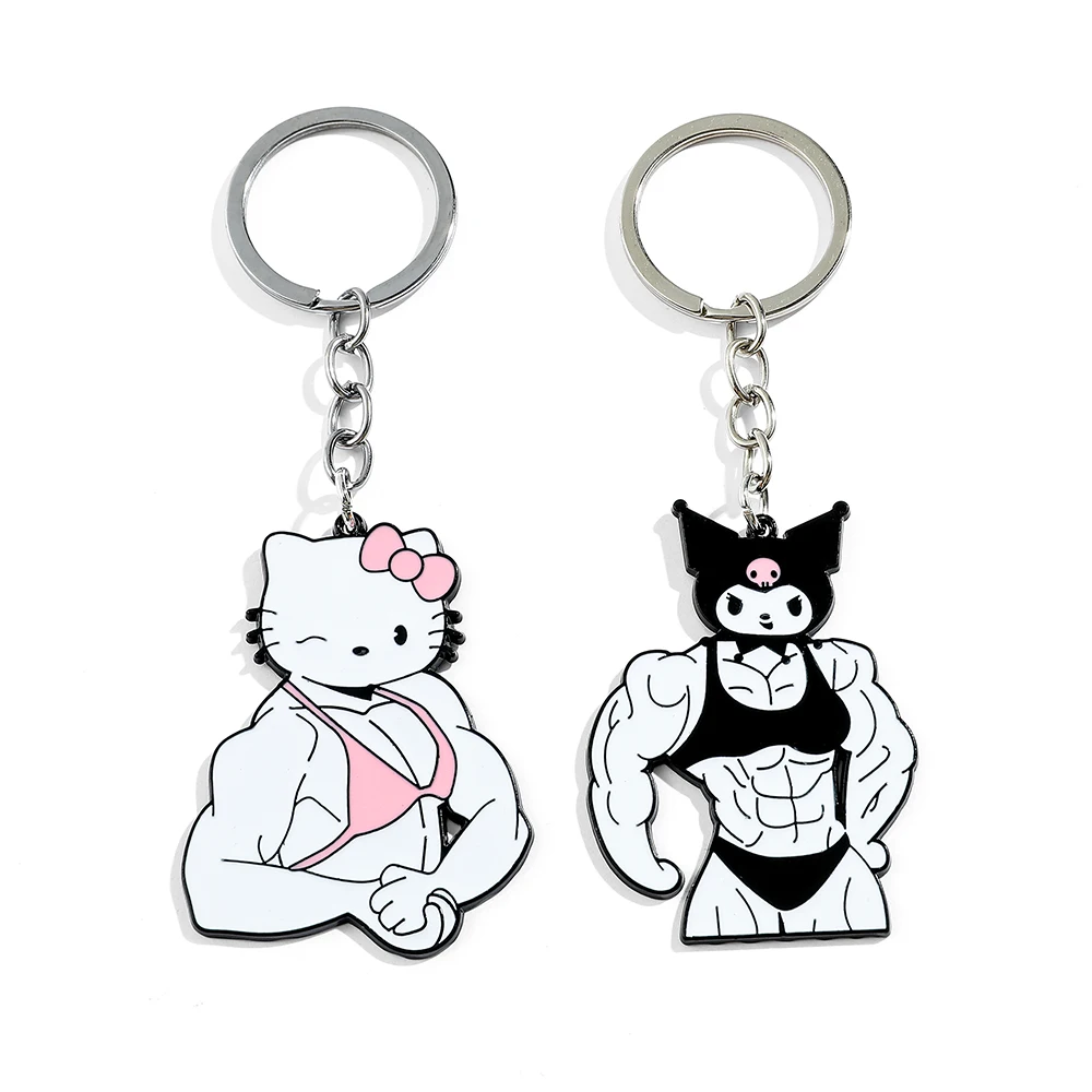 Funny Anime Muscle Enamel Metal Pendant Keychain KT Cat Kawaii Girls Keyring Fitness Macho  Backpack Toy Jewelry Gifts