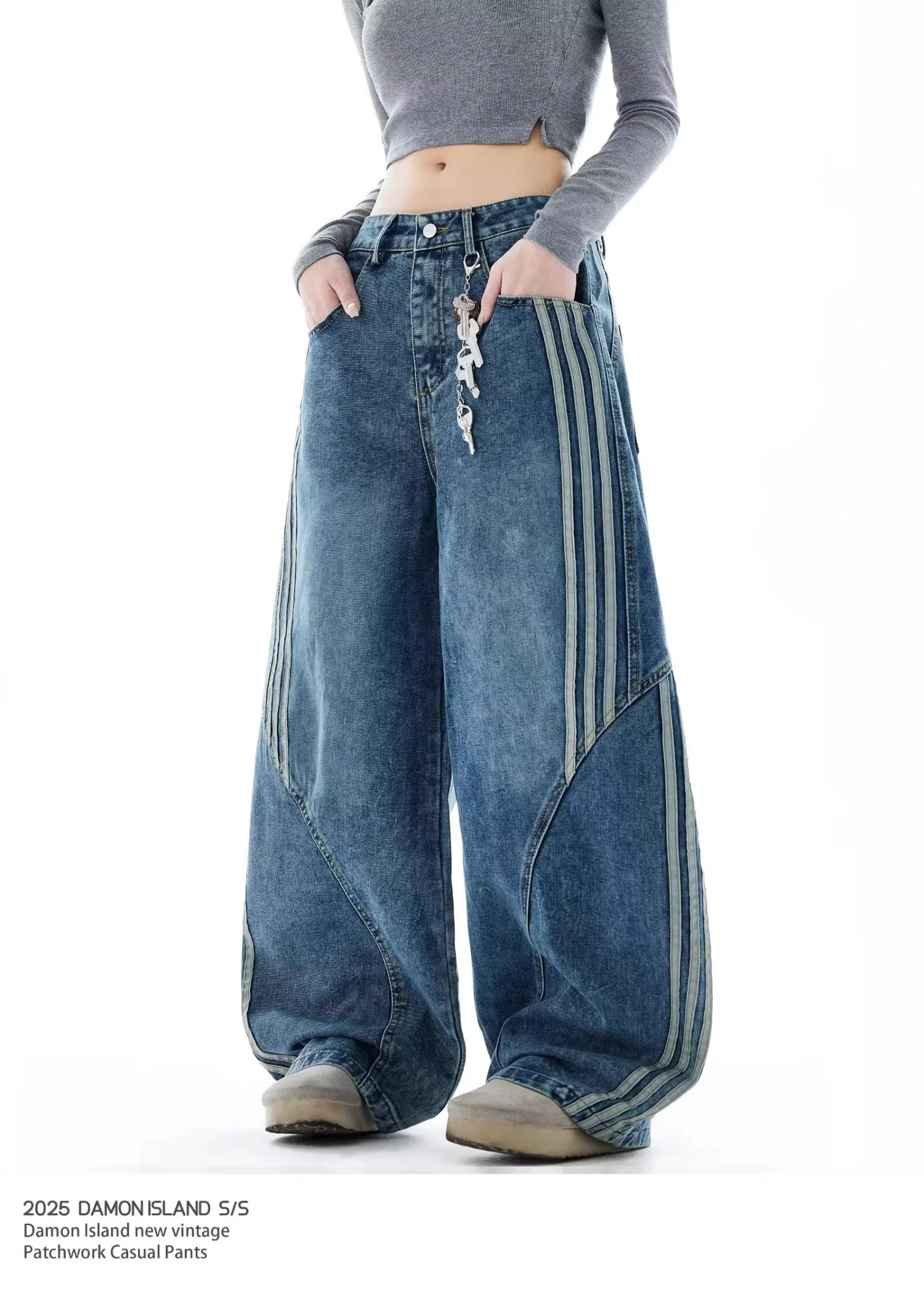 Dżinsy damskie w paski w stylu amerykańskim vintage, szerokie spodnie typu scimitar z trójwymiarowym krojem, luźne spodnie codzienne.