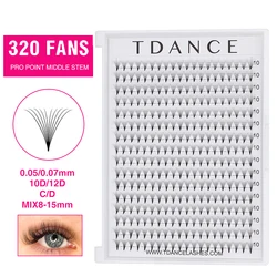 TDANCE 320Fans 16Lines Sharp Narrow Stem Premade Fans Pro Point Pointy Base Middle Stem Faux Mink Lash Extension Eyelashes