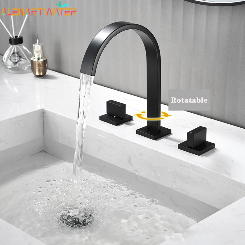 Basin Type Faucet Brass Polished Black deck installation Square Bathroom Sink Faucet Three Hole Dual Handle Cold and Hot Faucet