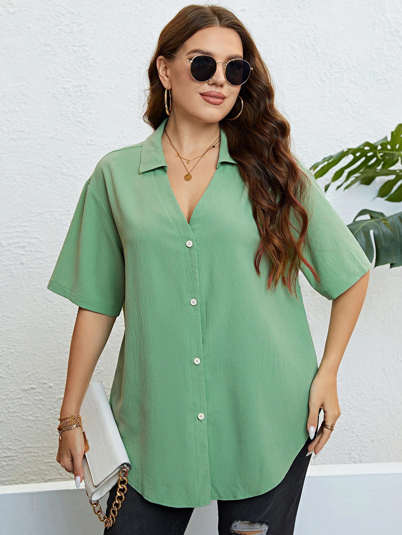 Women Korean Plus Size Shirt Short Sleeve Turn Down Collar Vacation Loose Blouse Office Lady Elegant Solid Casual Large Size Top