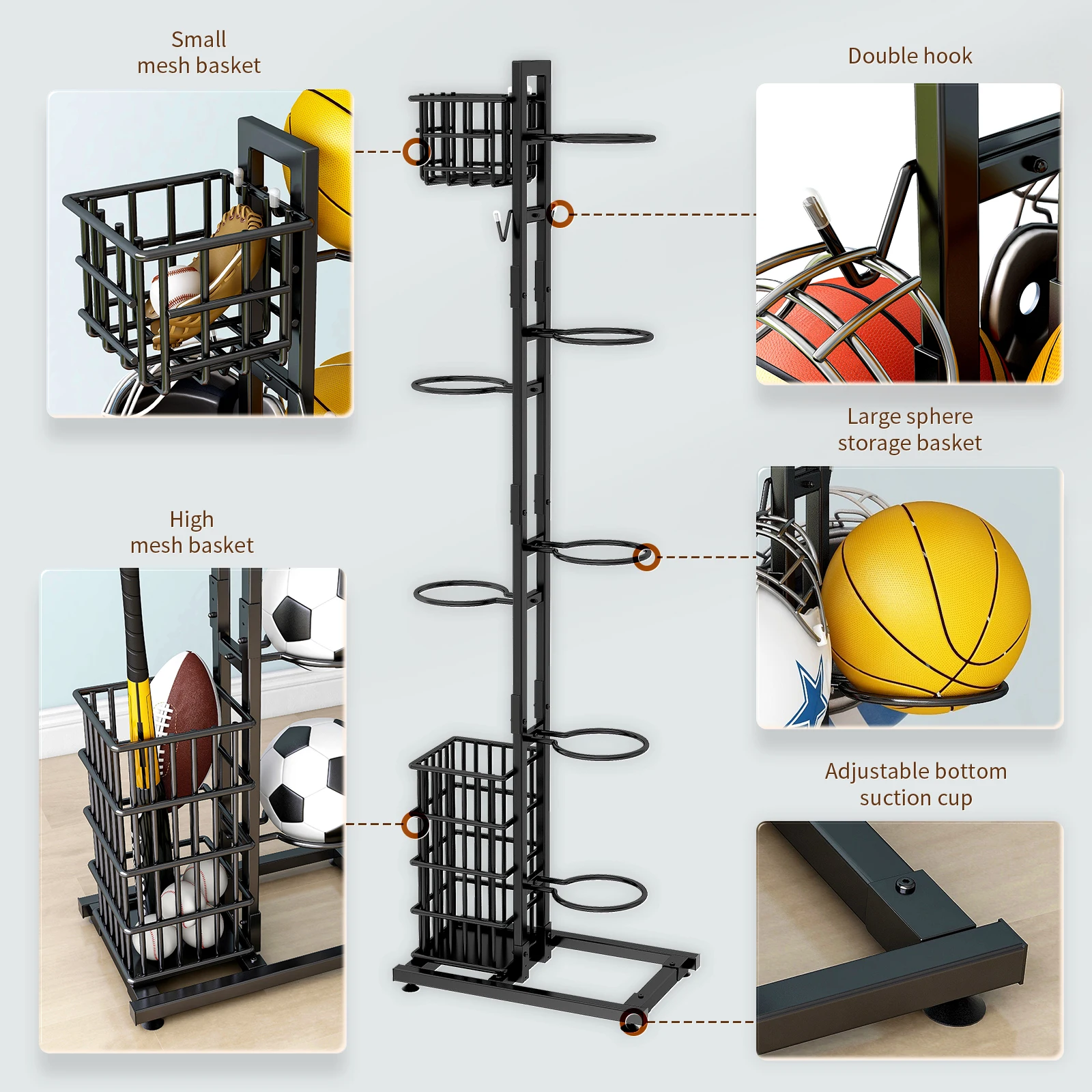 Sports equipment storage rack Outdoor indoor Basketball Football Volleyball Baseball storage holder Large capacity Black