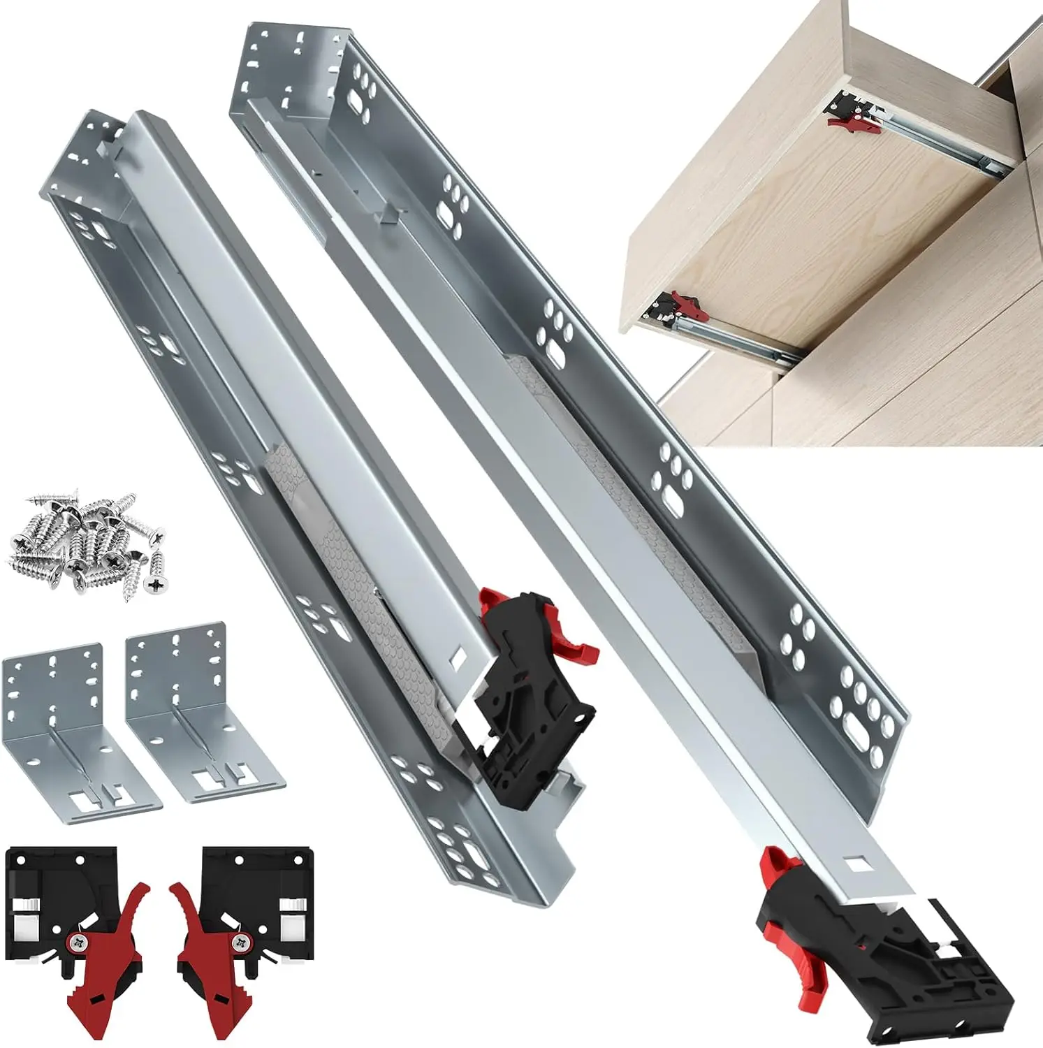 18 Inch Undermount Soft Close Drawer Slides Full Extension Concealed Bottom Mount Rails 1D Adjustable Detachable Design with Rear Mount Brackets 80LB Capacity Kitchen Cabinet Hardware, 6 Pairs