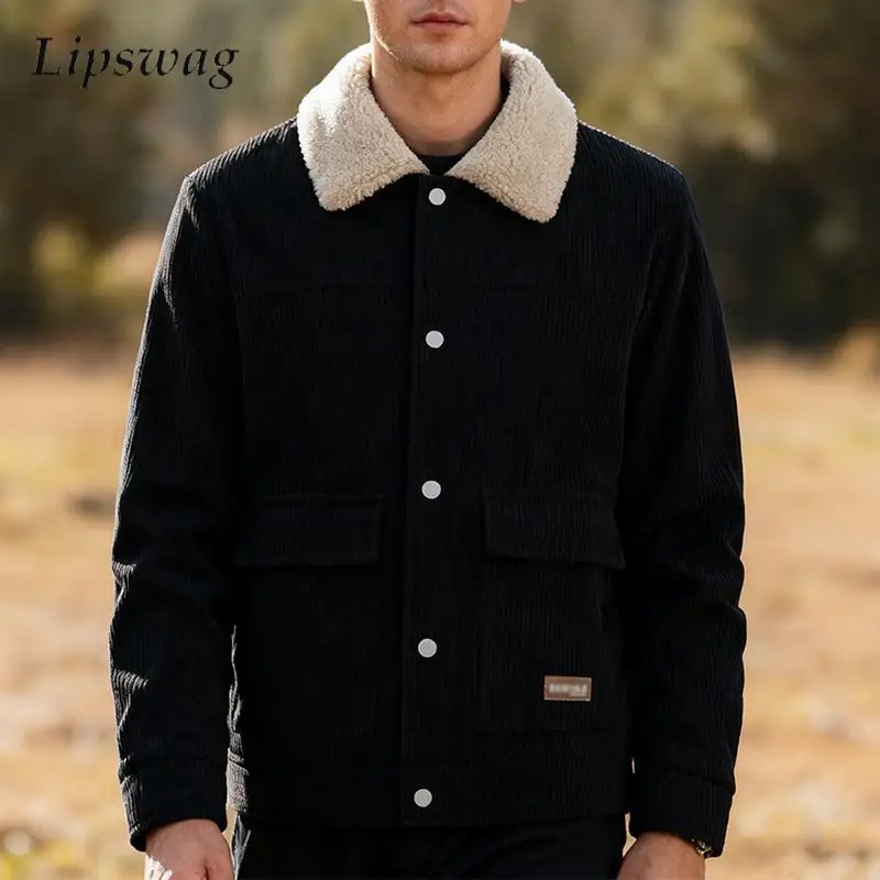 

2026 Spring Outdoor Casual Mens Corduroy Jacket Fleece Lining Warm Thickened Outerwear Men Winter Vintage Buttoned Lapel Coats