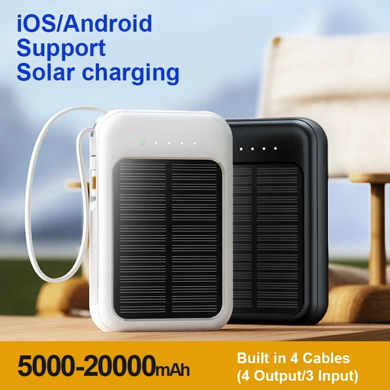 20000mah Solar Power Bank Thin Light Comes with Four-wire External Battery Portable Daily Power Bank for Apple Xiaomi Samsung