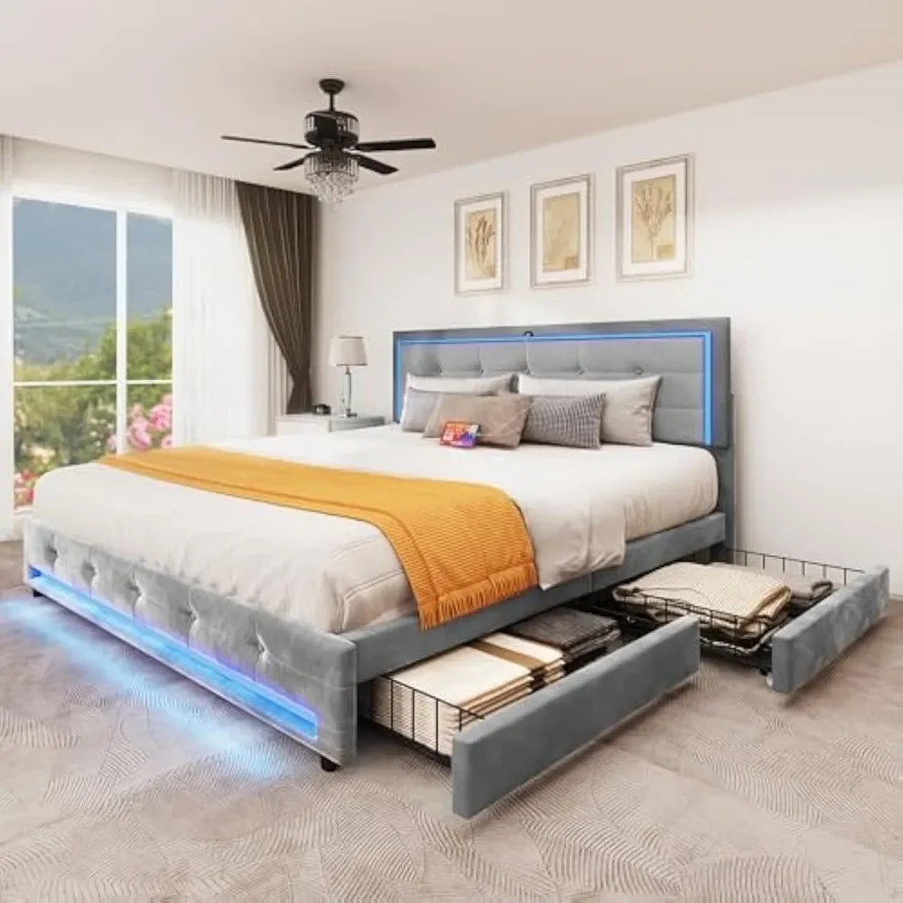 Queen Size Bed Frame with 4 Drawers & USB Ports, Velvet Headboard, Footboard and Built-in LED Lights, Storage Bed Frame