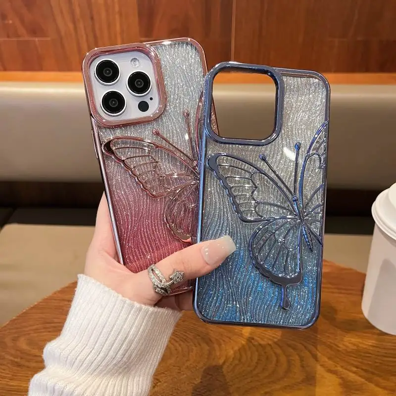 Electroplate Water Ripple Pattern Phone Case for iPhone 15 ProMax, 14, 13, 12, 11, Butterfly Pattern, Gradient Glitter Cardboard