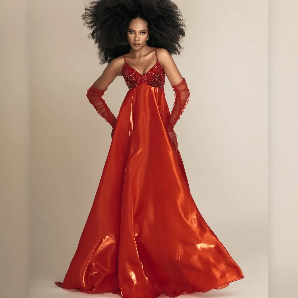 Luksusowa czerwona suknia wieczorowa z cekinami dla kobiet, długa suknia balowa w kształcie litery A z dekoltem w serek, na ramiączkach spaghetti, z wysokim rozcięciem i trenem, formalna.