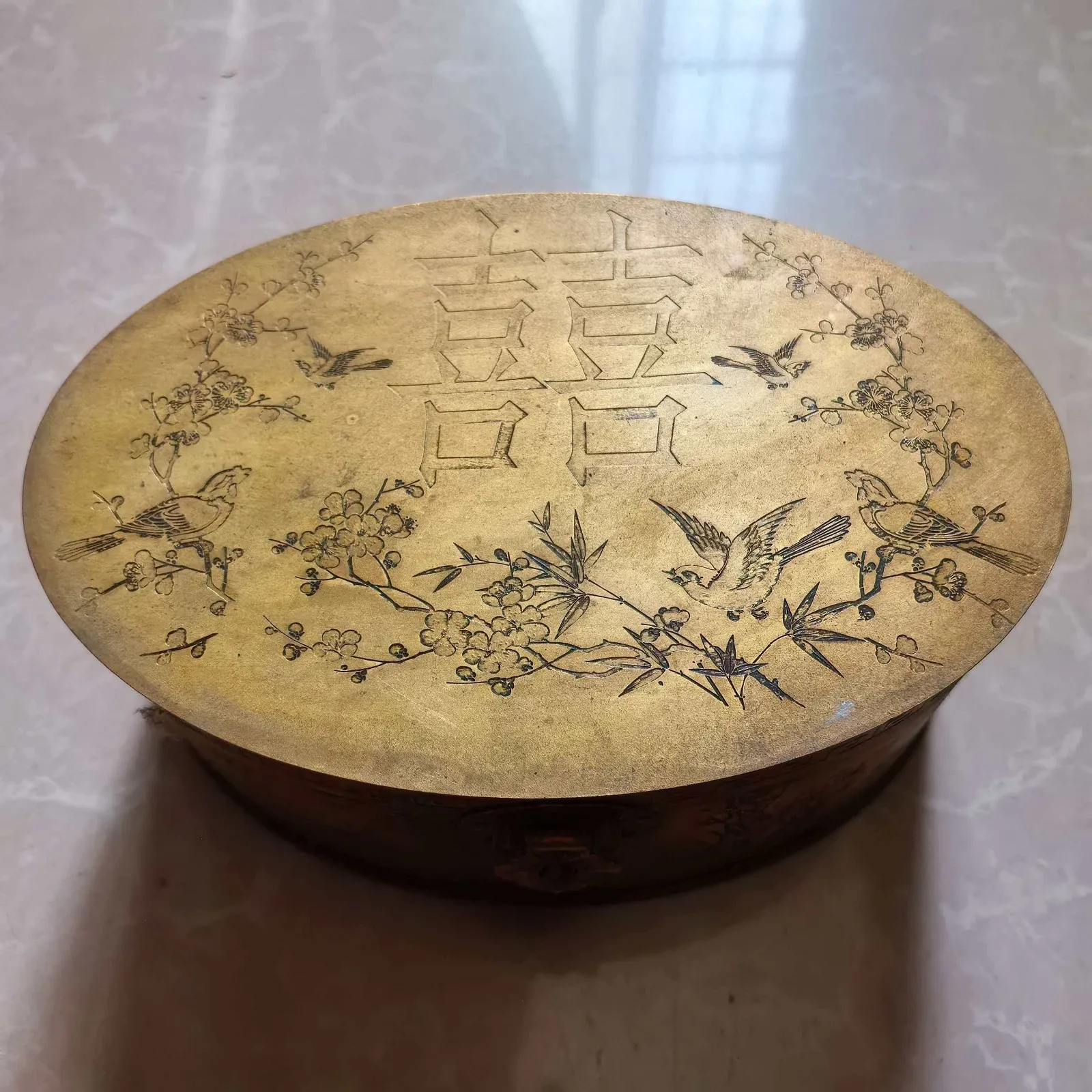 China old CollectionDouble Happiness Flower Bird Pattern Storage Copper Box
