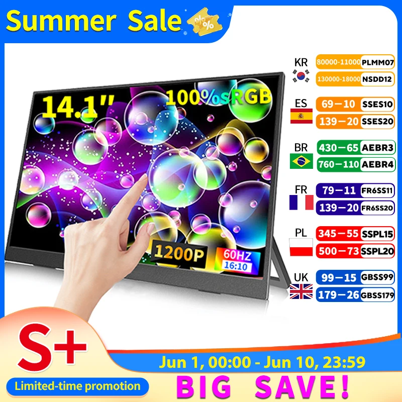 HGFRTEE – moniteur Portable à écran tactile de 14 pouces, 100% sRGB, 400cd/m2, écran d'extension pour ordinateur de jeu, pour XBox PS4/ 5 Switch Loptop