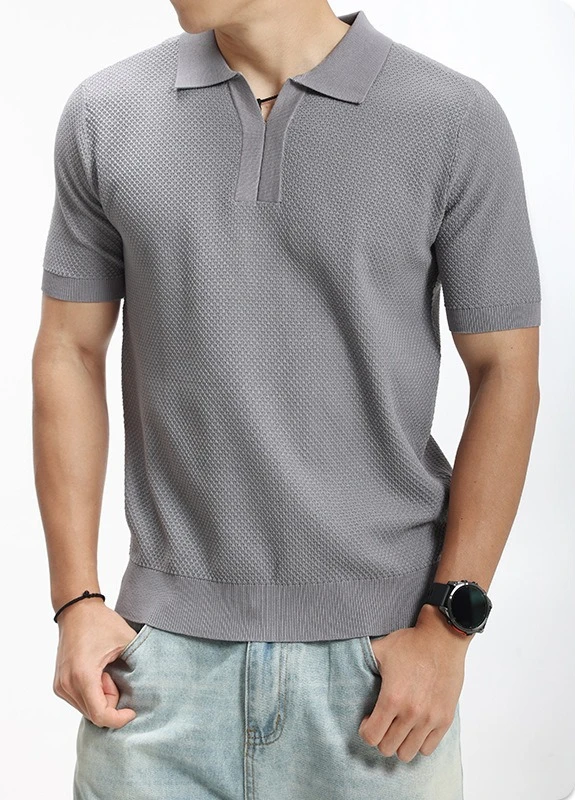 Premium Seagull Neck Knitted Ice Silk Polo Shirt Men's Business Neck T-Shirt Paul Short Sleeve