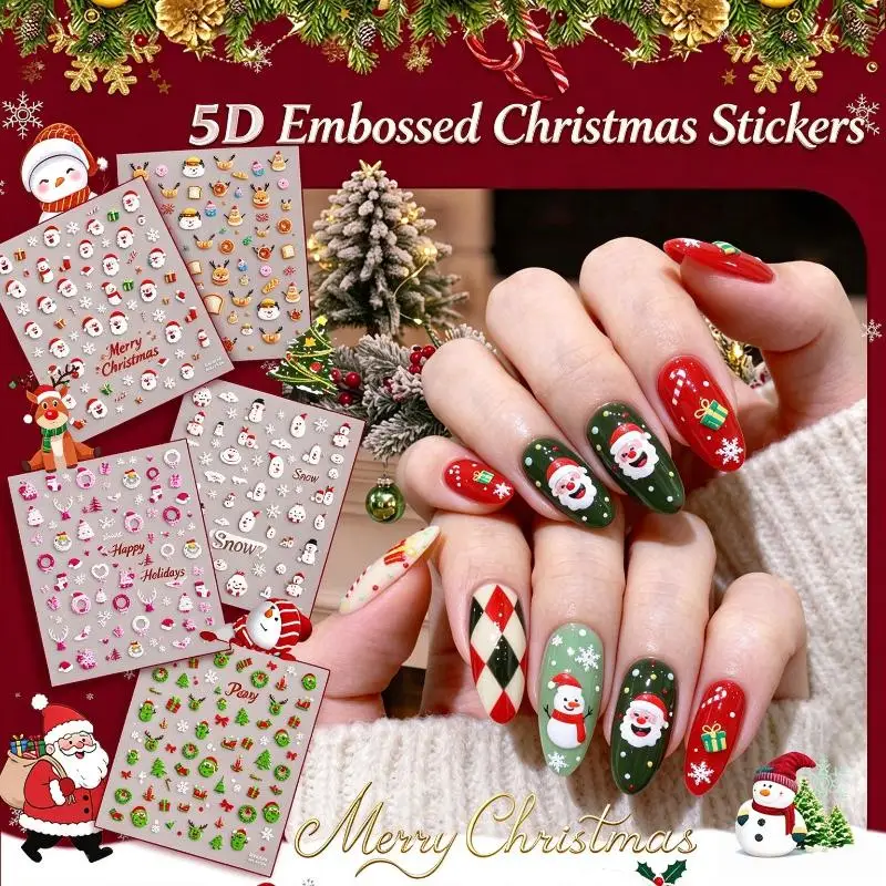 5D Winter Snowman Nail Stickers Christmas Patterns Self Adhesive Residue-Free Decals for Home Manicure DIY