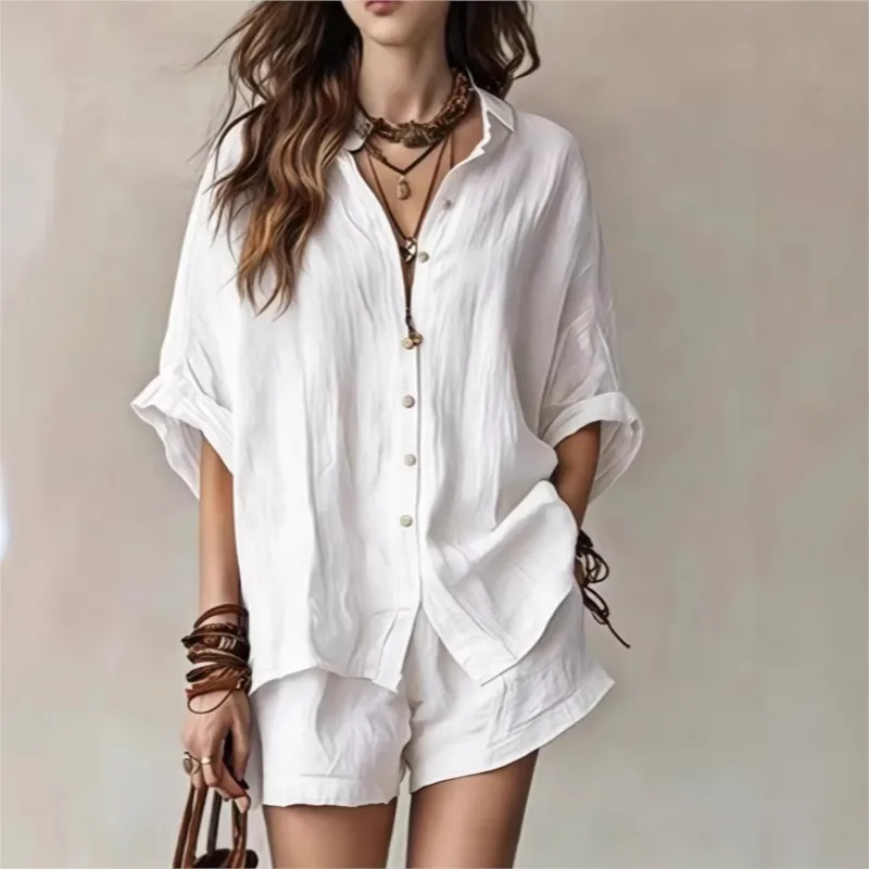 

Elegant Women's Shorts Set 2026 Summer Solid Color Single-Breasted Short-Sleeved Shirt Oversize Casual Loose Two-Piece Set