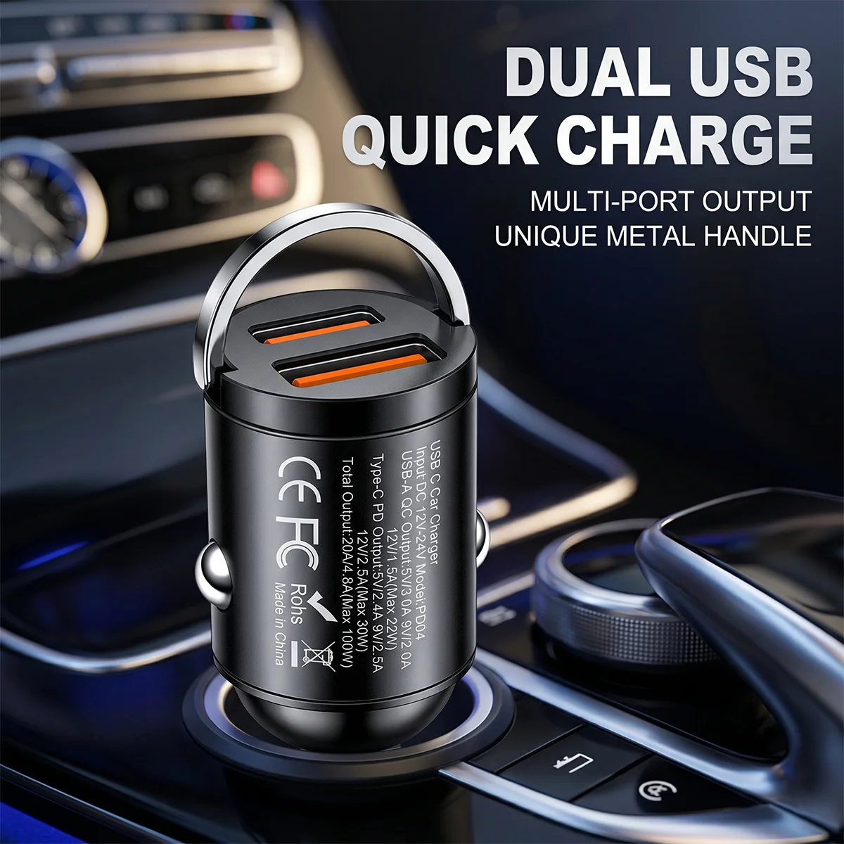 100W Total Power Fast Charging Car Adapter Mini Flush Fit Dual USB A QC Port Pull Ring Safe Auto Phone Charger For iPhone 17 16