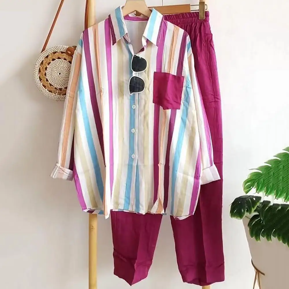 

2Pcs/Set Shirt Pants Set Long Sleeve Casual Trendy Breathable Lady Outfit Set Polyester Stripes Blouse Pants Suit Spring Clothes