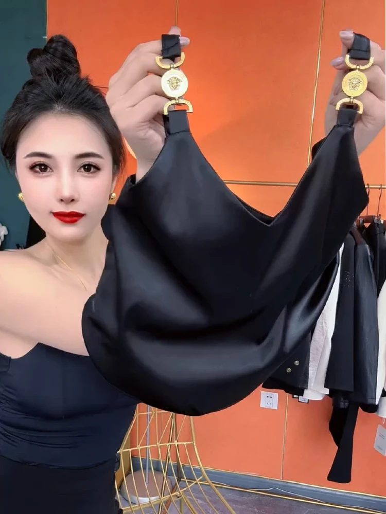 

Bla V-Ne Acetate Satin Svel Strap Vest Women's Summer Loose Slimming Faionable Base irt Straight Cut Commute Sle