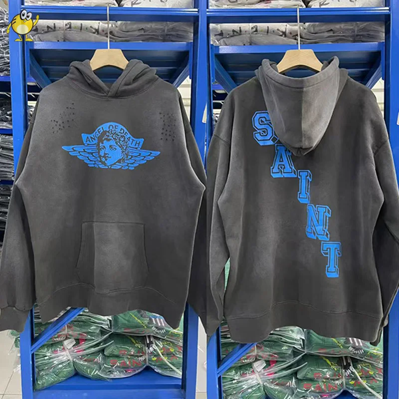 غسلها رمادي سانت هوديس الرجال امرأة شارع العليا الهيب هوب بلوزات كبيرة الحجم الرجعية طباعة التالفة الشتاء مقنعين البلوفرات #1