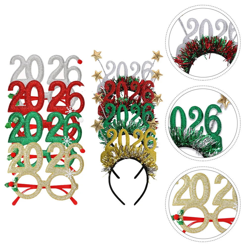 

Happy New Year 2026 Party Accessories 8pcs Glitter Hairbands with Fun Glasses Frames New Year Eve Celebration Props
