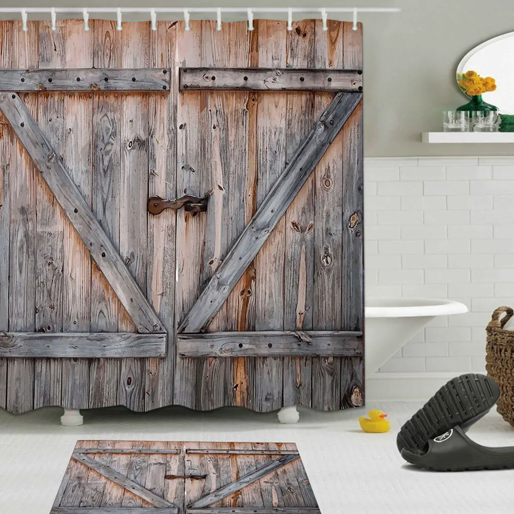 

Waterproof Shower Clear Wooden Door Pattern Printed Polyester Bathroom Curtain For Home Hotel Dorm, Bathing Curtain