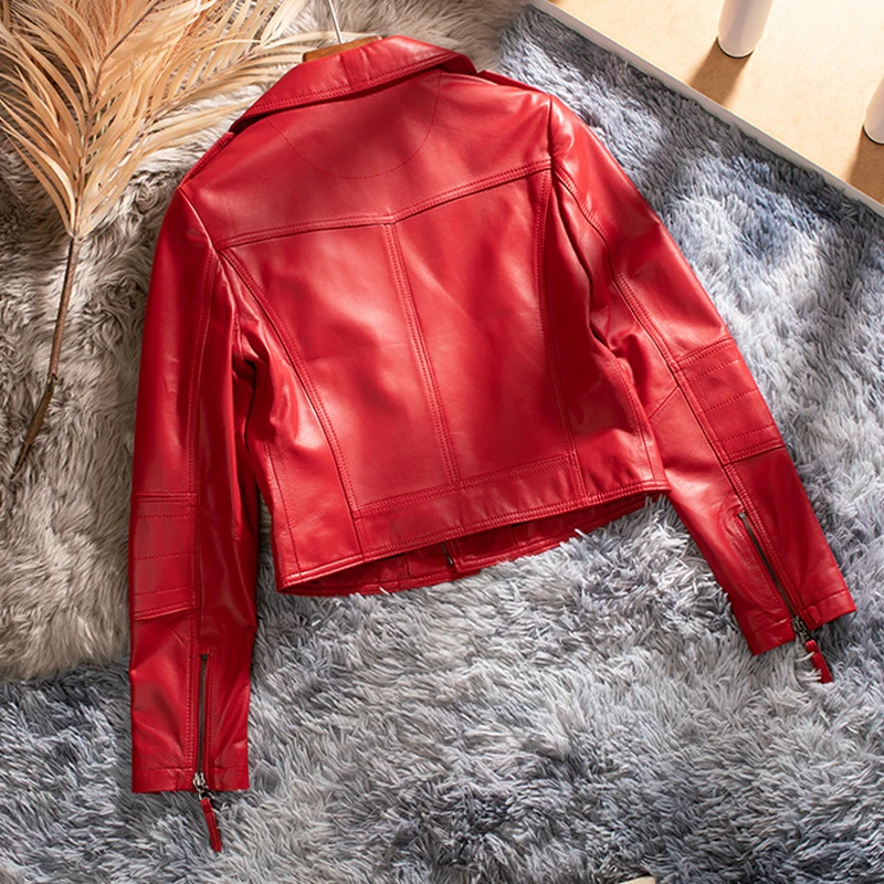 2025 New Red Real Leather Jacket for Women Fashion Short Genuine Sheepskin Female First Layer Leather Slim Fit Biker Jacket Tops