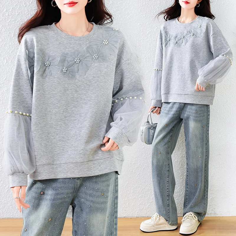 

Women Sweatshirts 2025 Autumn Korean Chic Peals Beading Three-dimensional Flower Loose Fit Casual Long Sleeve Hoodies Tops Woman