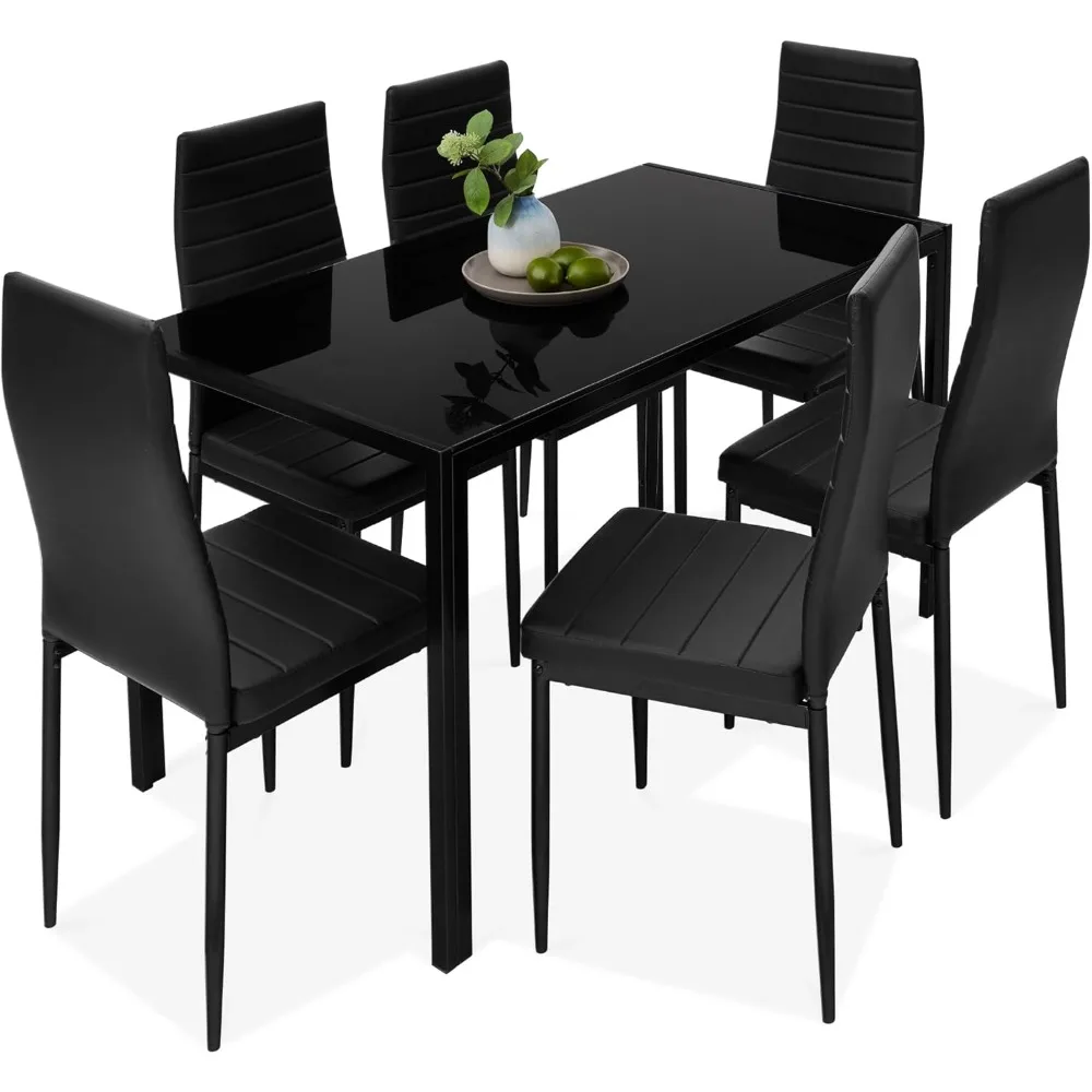 7-Piece Glass Dining Set, Modern Kitchen Table Furniture for Dining Room, Dinette, Compact Space-Saving w/Glass Tabletop