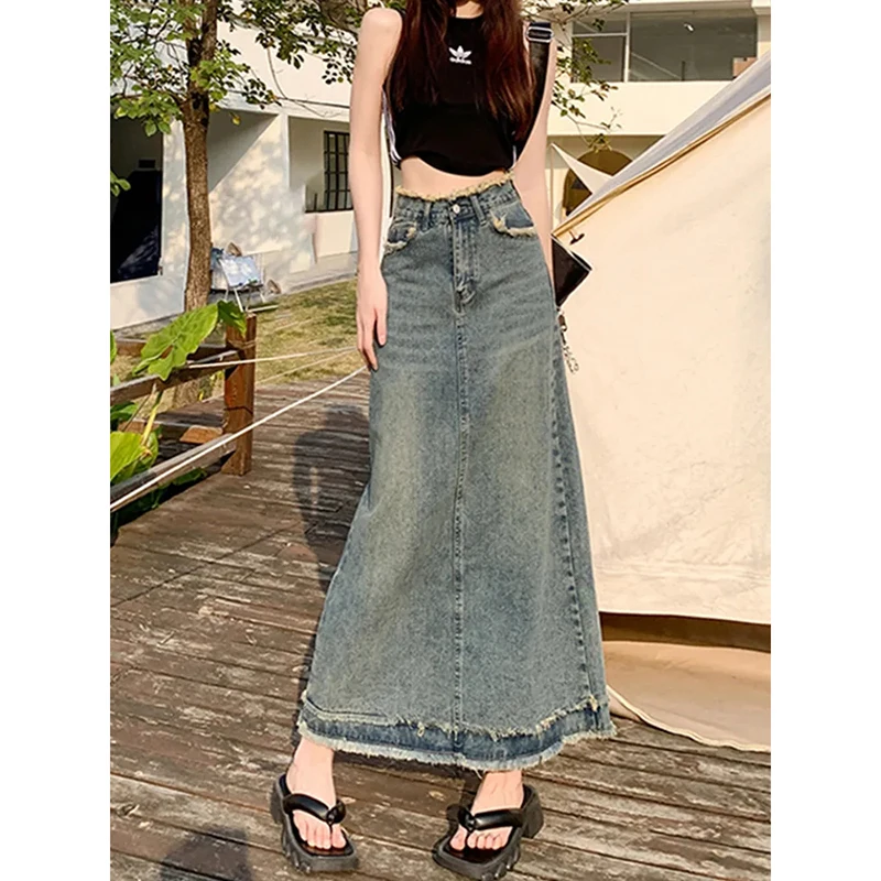 Summer New High Waist Vintage Ragged Edge Denim Skirt Women's Button Zipper Pockets A-line Slim Fashion Mid Length Denim Skirt