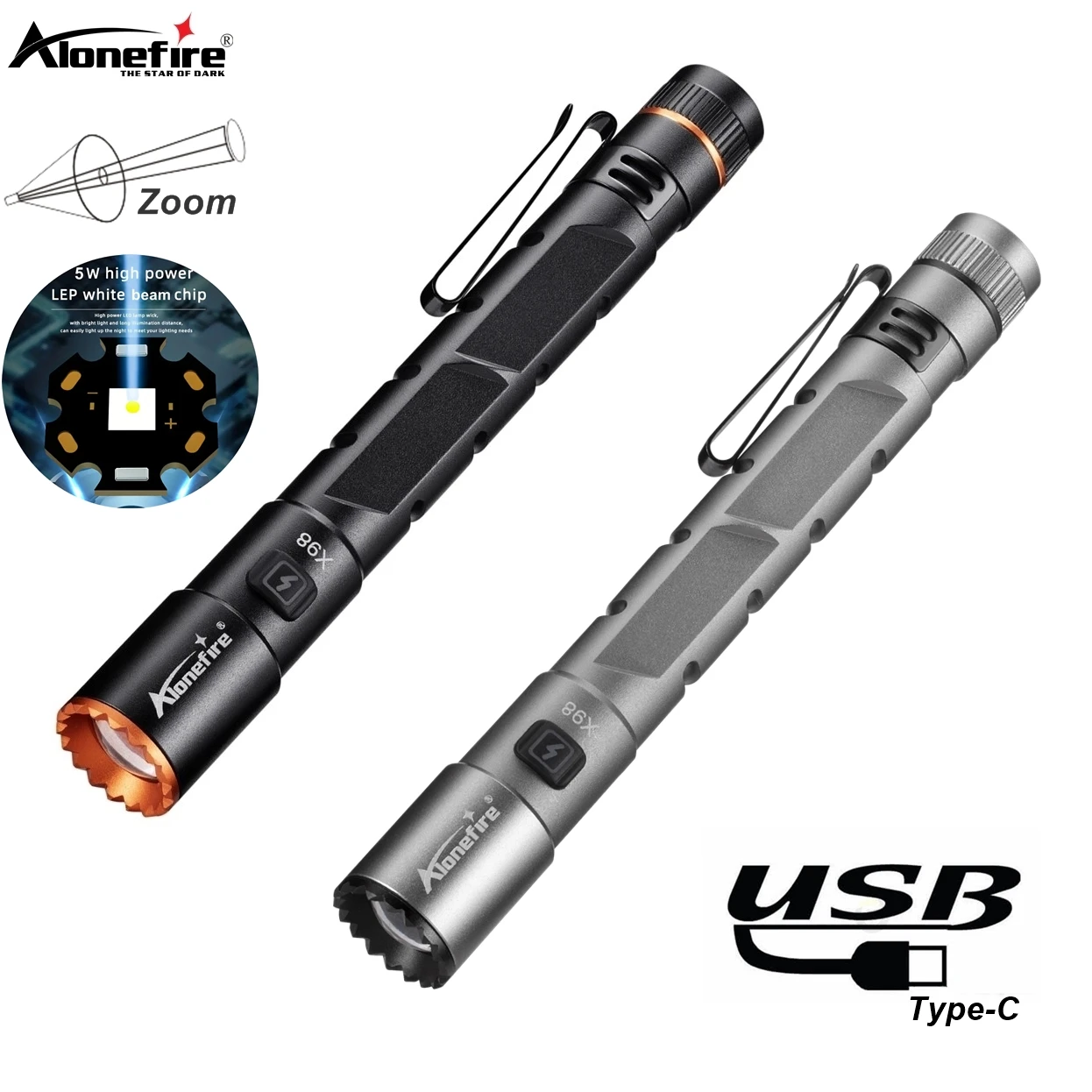 Alonefire Zoom Mini EDC Pen Light Flashlight USB Rechargeable Magnet Small Torch Outdoor Hiking Travel Camping Work Repair Lamp