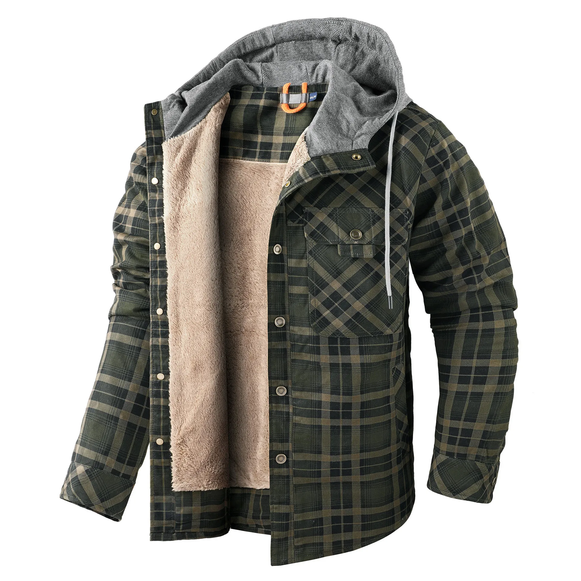 Autumn Winter Men's Plaid Shirts Fashion Men Retro Cotton Fleece Lined Shirt Jackets Men Warm Windbreaker Hooded Shirts Clothing