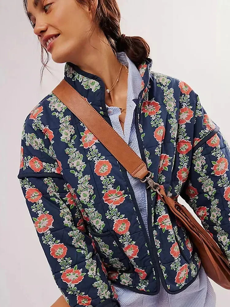 2024 New Elegant Floral Printed Stand Collar Jacket Chic Full Sleeve With Pocket Casual Coat Autumn New Lady Commuter Streetwear