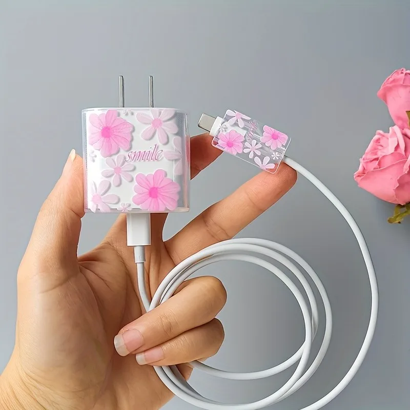 Dustproof Cable Cute Flowers Pattern Holding-on Cord USB Cable Charging Head Winder Case Protector for Apple iPhone 18/20W