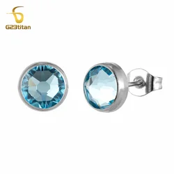 1 Pair Bright Aquamarine Zircon Earrings Hypoallergenic G23 Titanium Ear Piercing First Stud Earings Men Women Girl Jewelry Gift