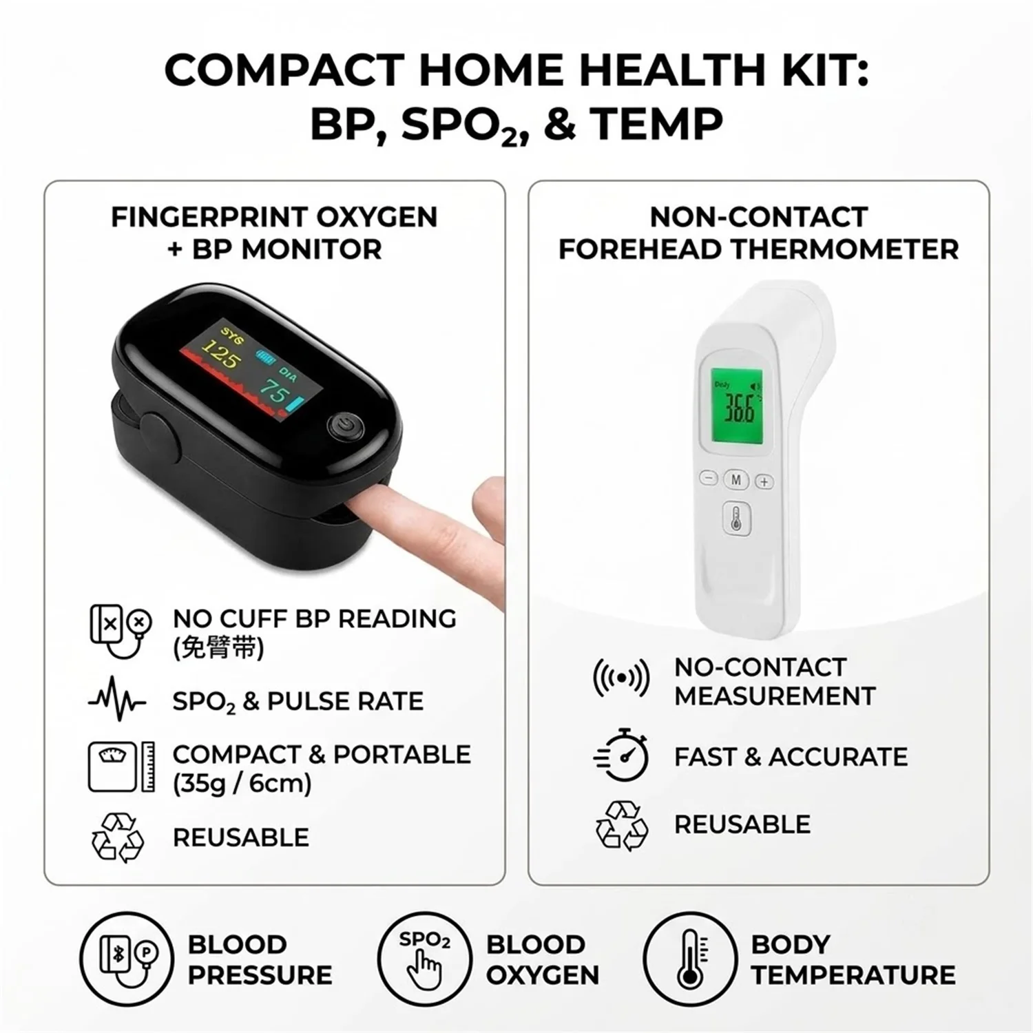 Body IR Thermometer Non-contact Fever Measuring Thermometer OR 2IN1 Oximeter + Sphygmomanometer Finger Pulse Meter Personal Tool