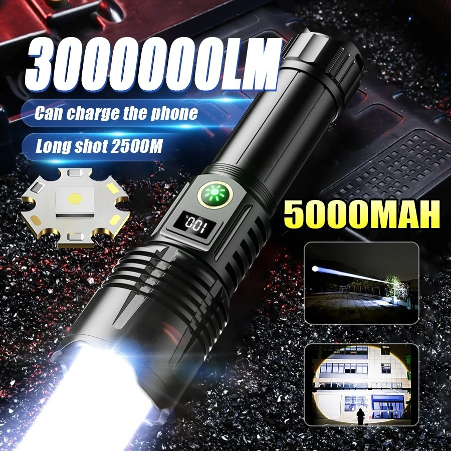 High Power Led Flashlight 3000000Lumens Rechargeable Long Range Torch World's Most Powerful Lantern Ultra Powerful Flashlight